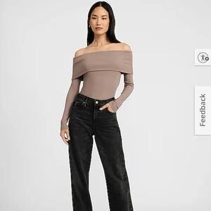 Express Off Shoulder Fitted Overlay  Top Taupe SZ M NWTs